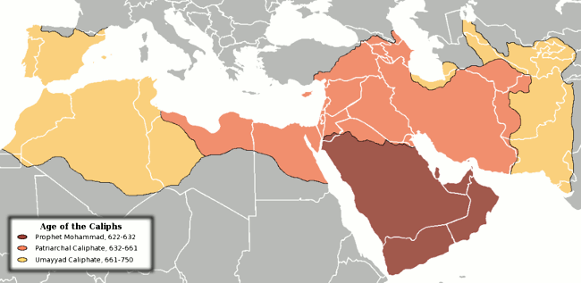 Islámský chalífát (územní expanze v 7.-8. stol.)