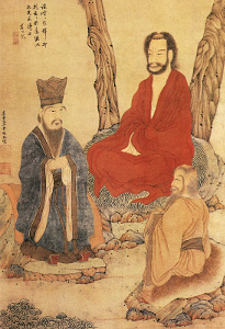 Konfucius, Lao-tse a buddhistický arhat, výřez z díla čínského malíře Ding Yun Penga (1547-1628).