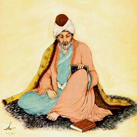 Džaláleddin Rúmi, umělecké ztvárnění podle představy iránského malíře Hosseina Behzada (1894–1968)