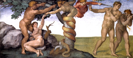 Michelangelo Buonarroti (1475-1564) - Zakázané ovoce. Freska v Sixtinské kapli ve Vatikánu.
