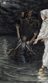 Petr a Ježíš kráčejí po vodě - z tvorby francouzského malíře Jamese Tissota (1836-1902)